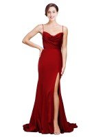 Discount Cowl Front Neck Sweep Train Stretch Satin Prom Dresses with High Side Split