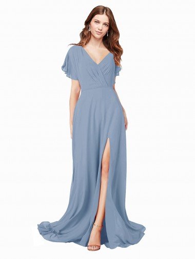 Discount Chiffon Prom Dress with Flutter Sleeves and Front Slit
