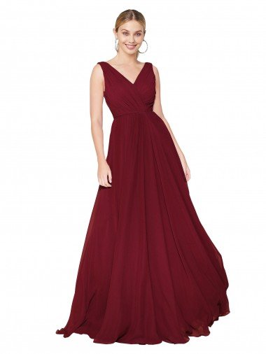 Discount Draped A-Line V-Neck Floor Length Chiffon Prom Dress