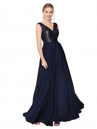 Discount High Neck V-Neck Long Chiffon Prom Dress with Sequin Top