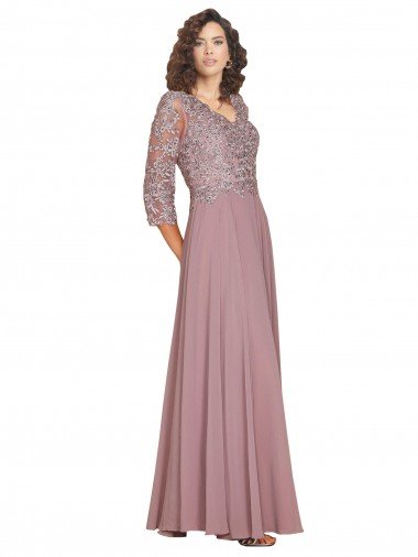 Discount Hand-Beaded Bodice V-Neckline Long Sleeves Chiffon Prom Dress