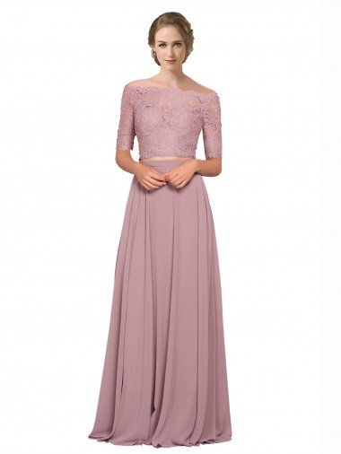 Discount Off the Shoulder Lace Crop Top A-Line Chiffon Prom Dress