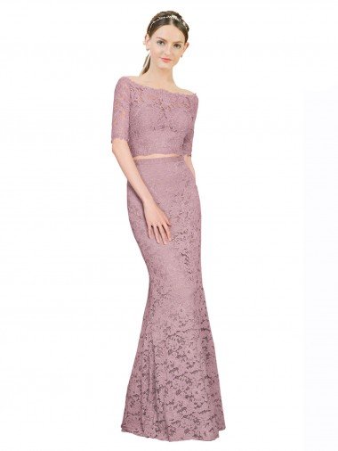 Discount Short Sleeves Crop Top Mermaid Lace Prom Dress