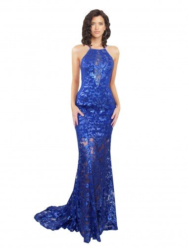 Discount High Neck Long Open Back Lace Prom Dress with Train