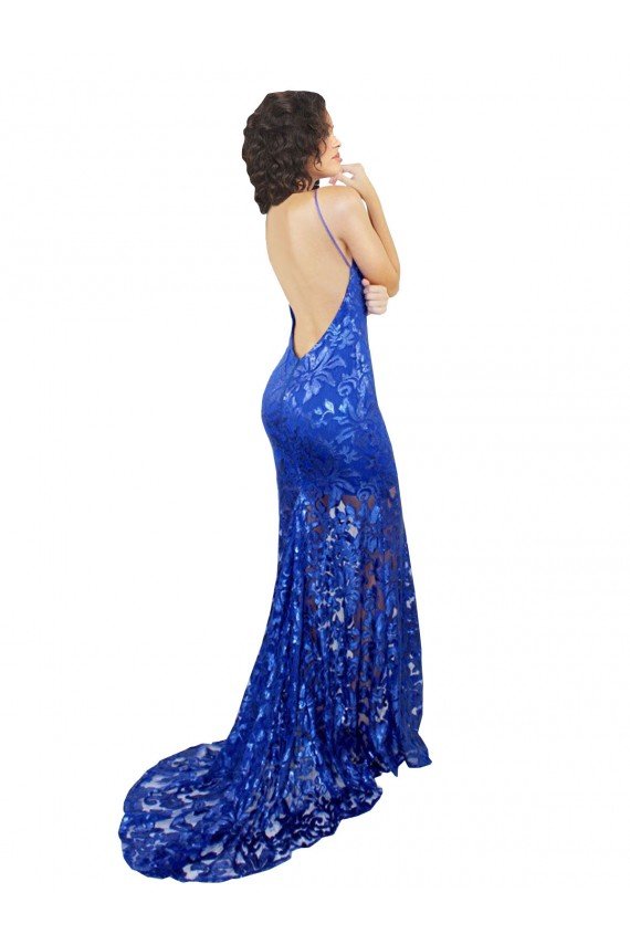 High Neck Long Open Back Lace Prom Dress with Train
