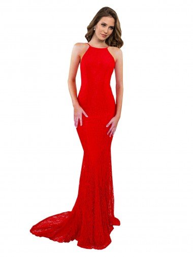 Discount High Neck Long Lace Prom Dress with Open Back Straps