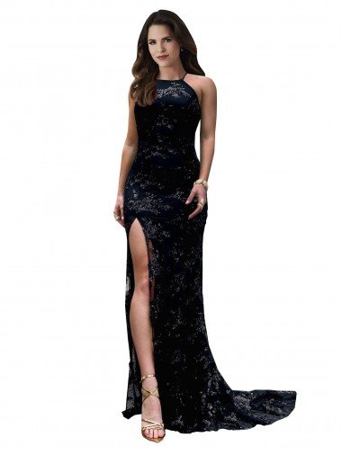 Discount High Neckline Lace Open Back Prom Dress with High Slit