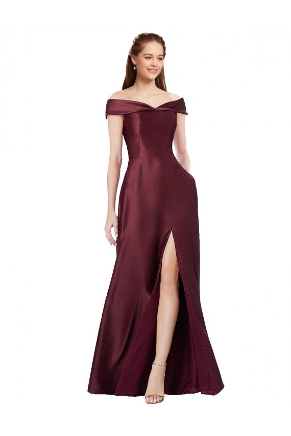 Long Off the Shoulder Satin Prom Dress with Thigh-high Slit