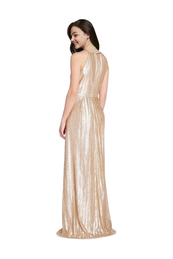 Floor Length Halter Neck Sparkling Sequin Prom Dress with Pleats