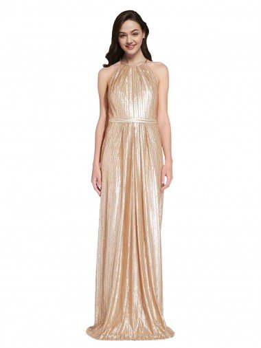 Discount Floor Length Halter Neck Sparkling Sequin Prom Dress with Pleats