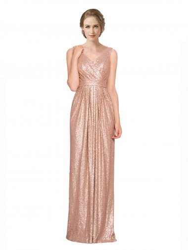 Discount Draped V-Neck Striking Sheath Floor Length Sequin Prom Dress