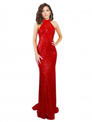 Discount Halter High Neck Mermaid Open Back Sequin Prom Dress