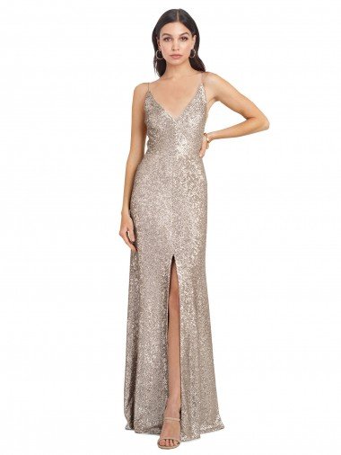 Discount V-Neck Fully Sequin Prom Dress with V-Back and Front Slit