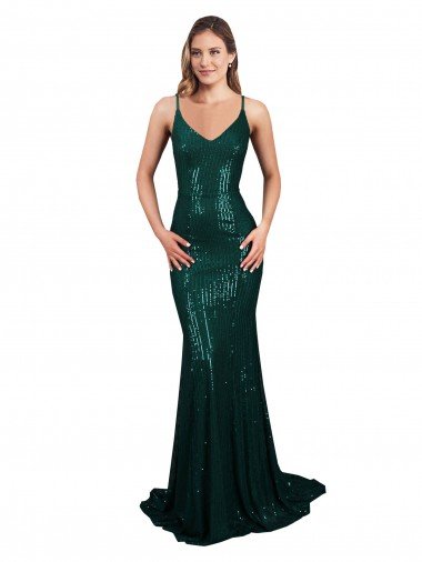 Discount Fishtail Shaped V-Neck Open Back Long Sequin Prom Dress