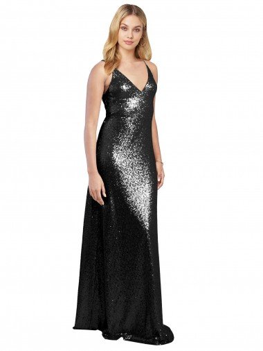 Discount Full Length A-Line Sequin Prom Dress with Spaghetti Straps V-Neckline