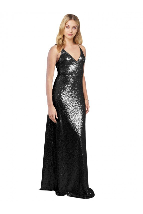 Full Length A-Line Sequin Prom Dress with Spaghetti Straps V-Neckline