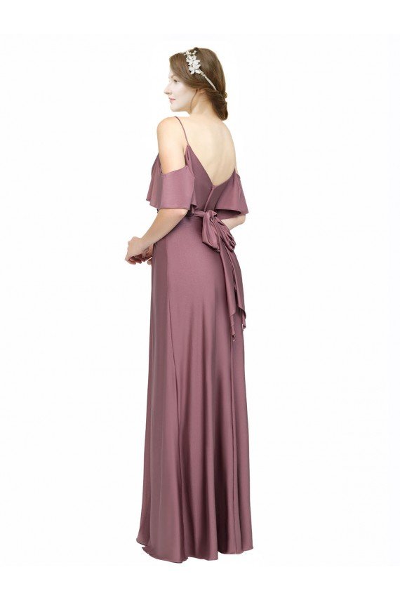 Draped Cold Shoulder Sleeves Long Silky Satin Prom Dress with Slit and Tie Back