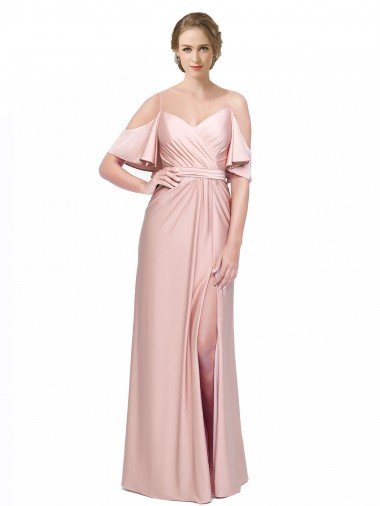 Discount Draped Cold Shoulder Sleeves Long Silky Satin Prom Dress with Slit and Tie Back