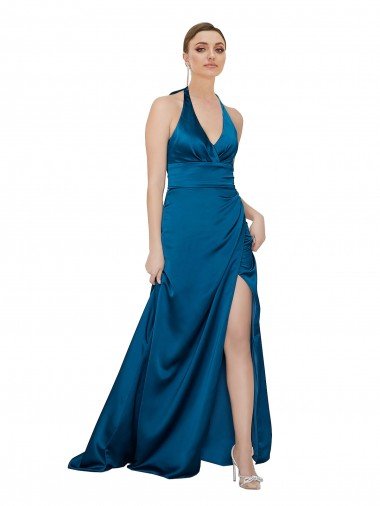 Discount Halter Neck Silky Satin Prom Dress