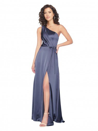 Discount Draped Silky Satin Prom Dress with Tied Waist
