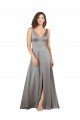 Plunging V-Neckline Long A-Line Silky Satin Prom Dress