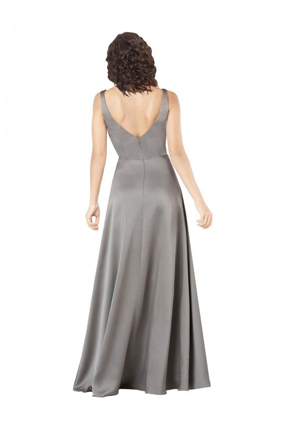 Plunging V-Neckline Long A-Line Silky Satin Prom Dress