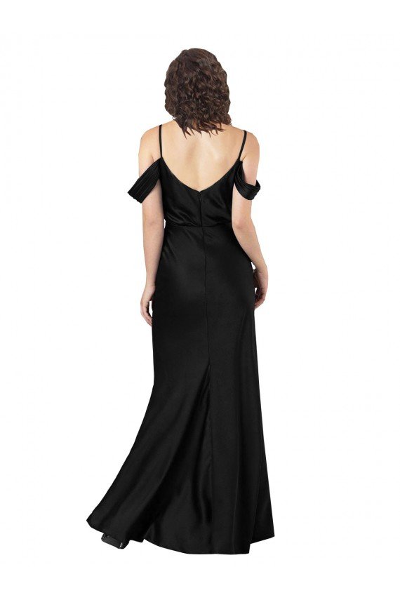 Off the Shoulder Sleeves Silky Satin Prom Dress with Skirt Slit