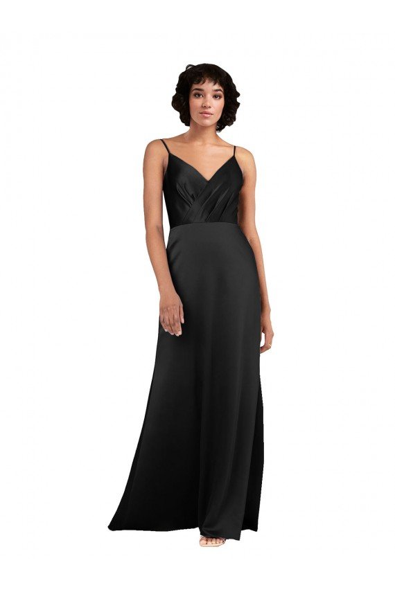 Full Length V-Neckline Silky Satin Prom Dress with Spaghetti Straps