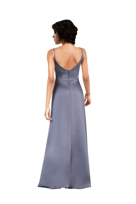 Full Length V-Neckline Silky Satin Prom Dress with Spaghetti Straps