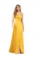 Halter A-Line Silky Satin Prom Dress with V-Neckline and Slit