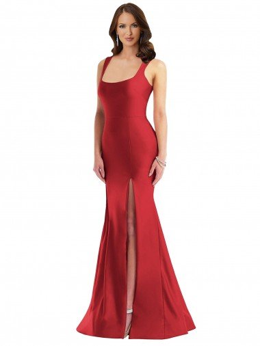 Discount Square Neck Silky Satin Mermaid Prom Dress with Side Slit