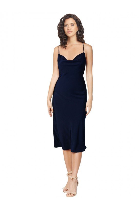 Short Midi Length Silky Satin Cocktail Prom Dress / Homecoming Dress with Cowl Neck and Cross Back Straps