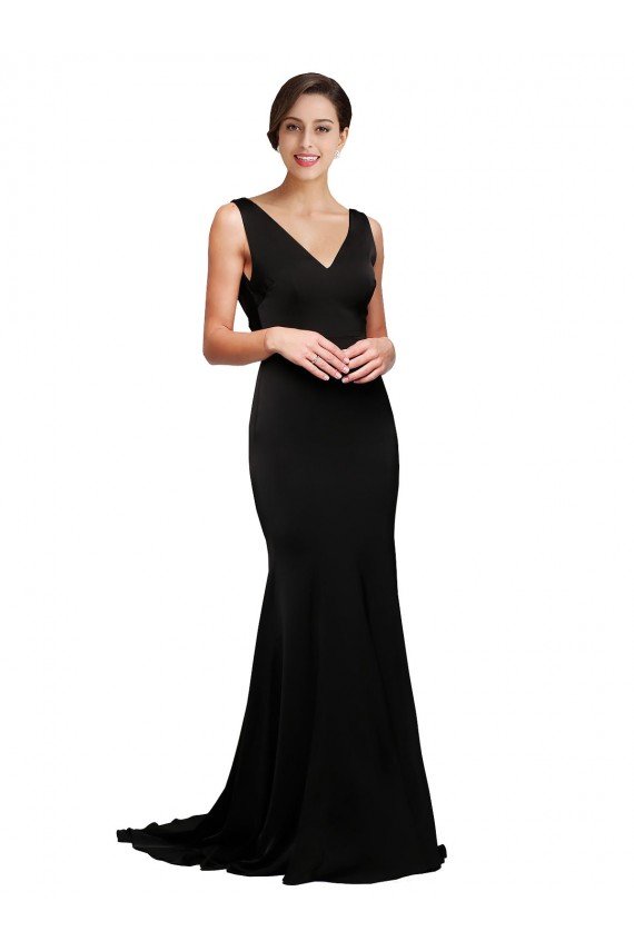 V-Neck Full Length Silky Satin Prom Dress with Soft Cowl Neck and Sweep Train