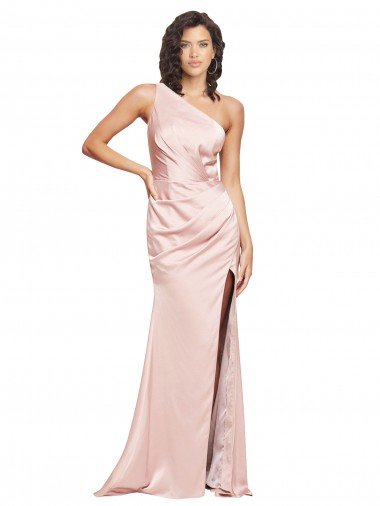Discount Full Length Ruched Silky Satin Prom Dress with Low Back and High Split