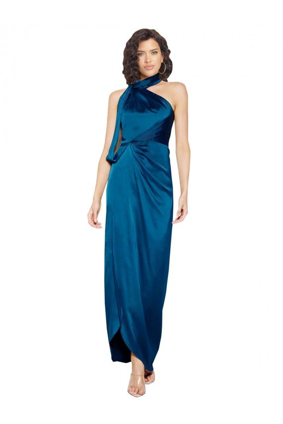 High Halter Neck Silky Satin Prom Dress with Sash Overlay and Side Split