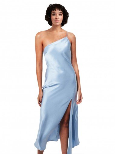Discount Midi Length Short Silky Satin Cocktail Prom Dress / Homecoming Dress with Asymmetric Neckline and High Side Split