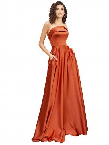 Discount Strapless Sweep Train Silky Satin Prom Dress with Pleats