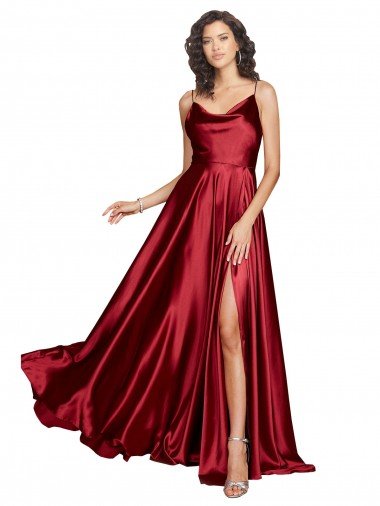 Discount Cowl Neckline Long Silky Satin Prom Dress with Spaghetti Straps