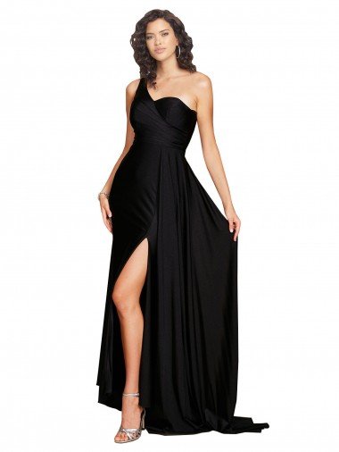 Discount Floor Length One Shoulder Silky Satin Prom Dress with Side Slit