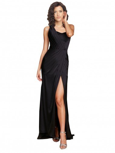 Discount Full Length One Shoulder Ruffled Long Silky Satin Prom Dress with High Slit
