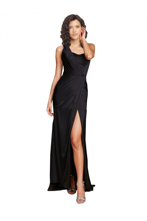 Full Length One Shoulder Ruffled Long Silky Satin Prom Dress with High Slit