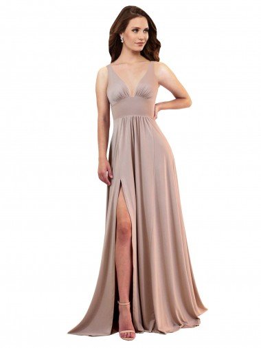 Discount Long A-Line Plunge V-Neckline Spandex Prom Dress with Slit