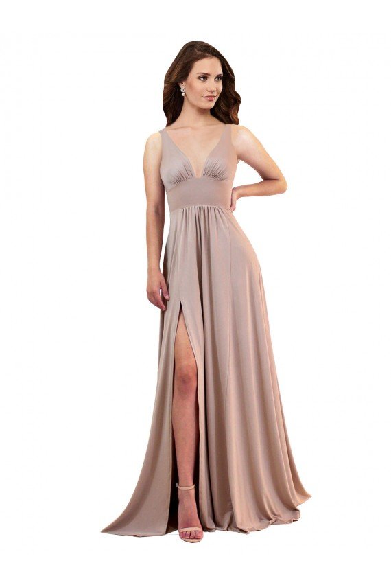 Long A-Line Plunge V-Neckline Spandex Prom Dress with Slit
