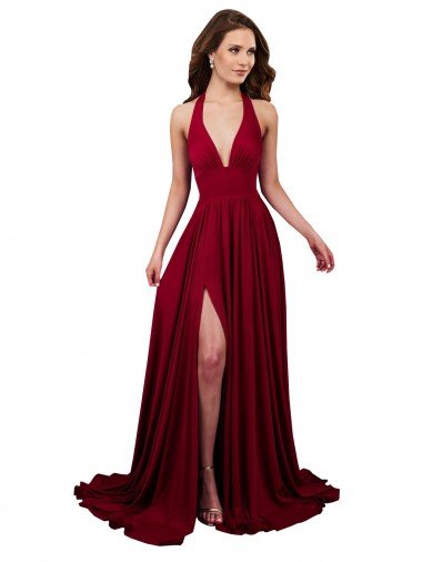 Discount A-Line Halter Plunge V-Neckline Open Back Spandex Prom Dress with Slit