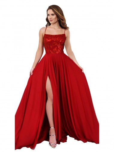Discount Lace Over Bodice Long Spandex Prom Dress with Slit