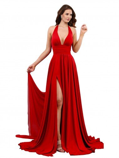 Discount High Slit A-Line Halter Long Spandex Prom Dress Open Back