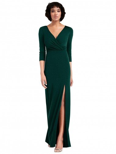 Discount Floor Length 3/4 Sleeves V-Back Draped Wrap Maxi Spandex Prom Dress