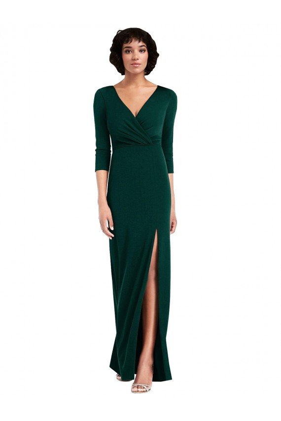 Floor Length 3/4 Sleeves V-Back Draped Wrap Maxi Spandex Prom Dress