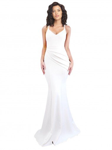 Discount Fishtail Shape Spaghetti Straps Open Back Crepe Prom Dress with Ruffles