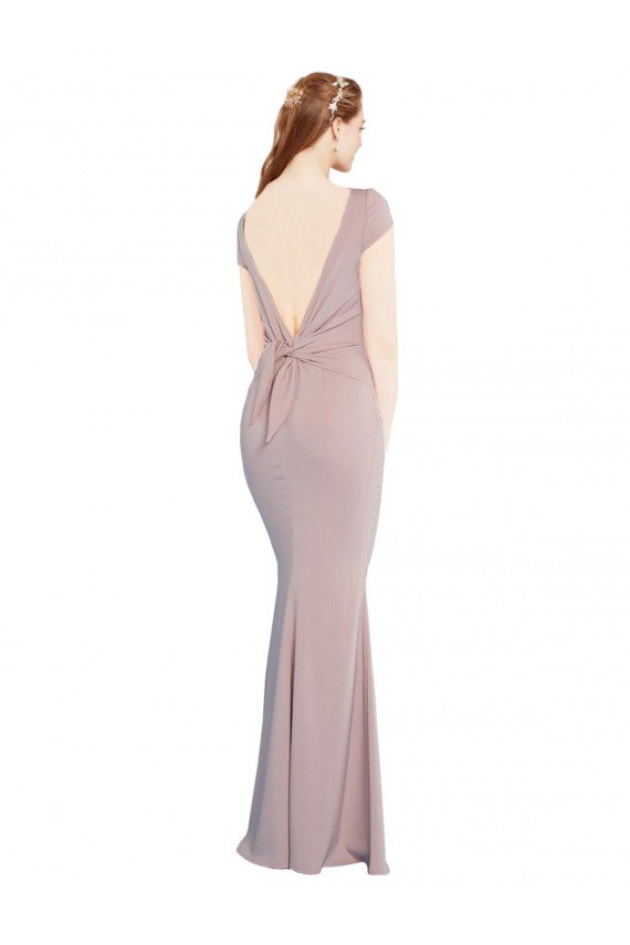 Boat Neck Cap Sleeve Crepe Prom Dress with Plunging Tie Back